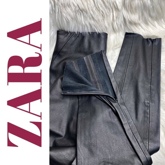 ZARA FAUX LEATHER PANTS MID RISE ANKLE ZIP BLACK GOTHCORE BIKER STREETWEAR, MED - Picture 9 of 16